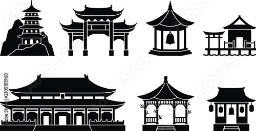 Fotografie Collection of traditional Asian architecture silhouettes featuring Chinese templ