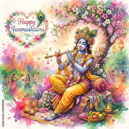 Vibrant janmashtami illustration lord krishna with flute amidst divine celebration and floral surroundings