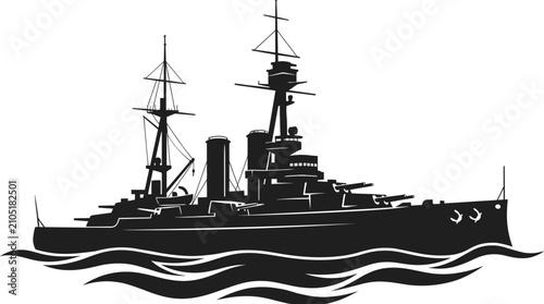 Foto Detailed black silhouette of a vintage military battleship sailing on ocean wave