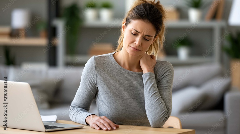 Fototapeta premium female remote worker massaging shoulder after long computer session, work from home, realistic healthcare photography