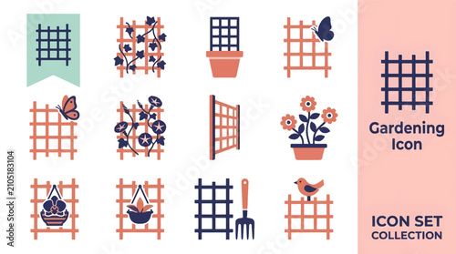 Quadro su tela Garden trellis flat icon set with watering can plant pot shovel trowel greenhouse tools and flowers in teal orange white green arranged in 4x3 grid