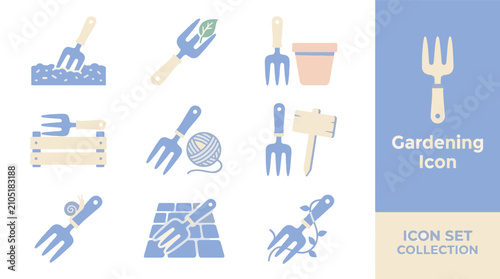 Fotografía Teal hand fork gardening tool icon with orange handle and green tines isolated on pastel background with gardening planter house and flowers in 3x3 grid central focus