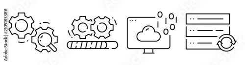 System automation depicting gears cloud and server processes. Editable stroke
