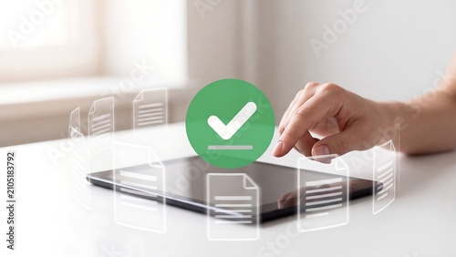 Document approval and paperless management concept, hand touching tablet with document icons circling screen and green checkmark, digital paperwork done, online form verification and office workflow
