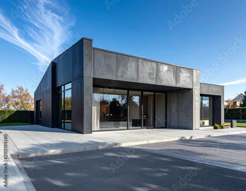 Contemporary concrete house with expansive glass windows under a clear blue sky