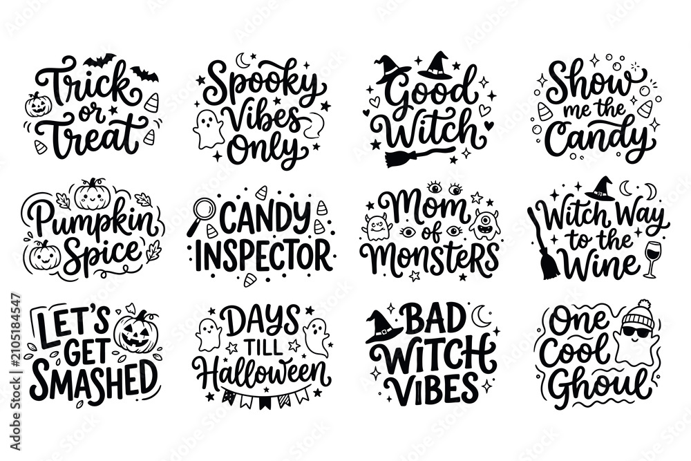 Fototapeta premium Halloween typography collection spooky phrases festive hand lettered designs