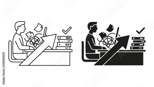 Task productivity and work completion flat line icon set with productivity