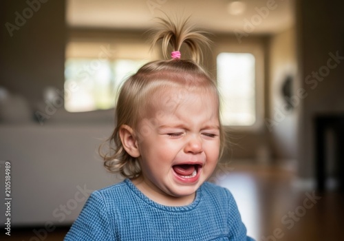 Closeup portrait of a crying toddler girl with a small ponytail
