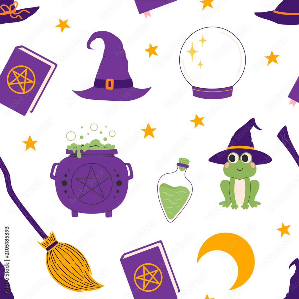 Fototapeta premium Halloween seamless pattern with witch hat, cauldron, broom, crystal ball, potion bottle and frog on white background. Magic spooky element repeat texture with star and moon. Flat vector illustration