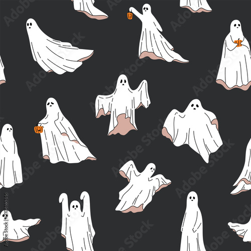 Halloween seamless pattern with cute white ghost characters in various poses on dark background. Spooky floating ghost repeat texture with pumpkin lantern. Flat vector illustration