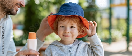 Child wearing sun hat with sunscreen application