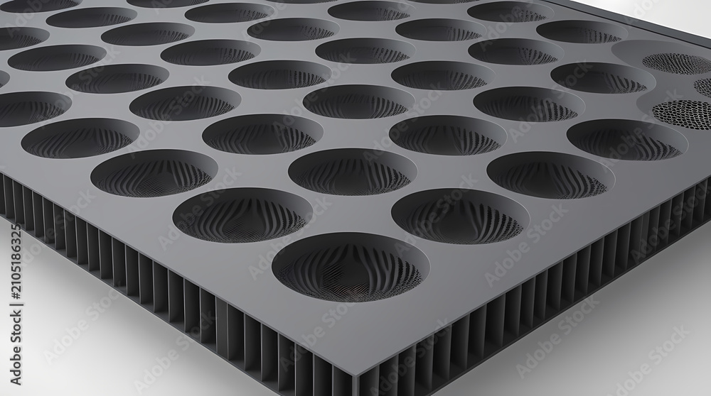 Fototapeta premium Matte anthracite acoustic metamaterial panel with engineered sound dampening cavities