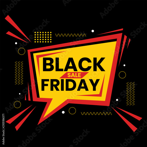 Bright yellow and red black friday sale banner with abstract shapes on a black background for promotional advertising