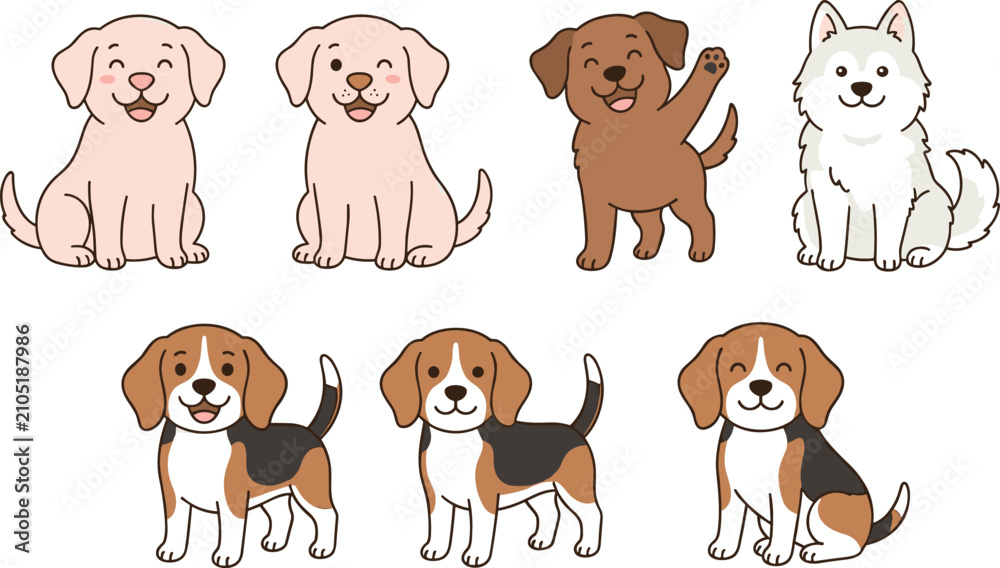 Obraz premium Cute Cartoon Puppy Dog Set Featuring Happy Beagle Labrador and Husky Breeds for Kids Book Illustrations and Pet Care Graphic Designs