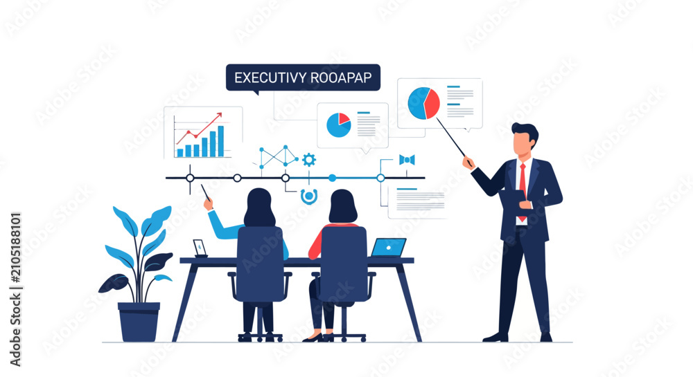 Obraz premium Business professionals analyzing financial data and strategic roadmap during a corporate presentation. Executive team discussing company growth and market trends.