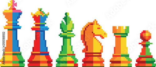 Obraz na płótnie Colorful pixel art chess pieces vector icon set with king queen bishop knight ro