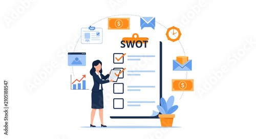 Businesswoman analyzing SWOT analysis checklist on clipboard, strategic planning and decision making concept