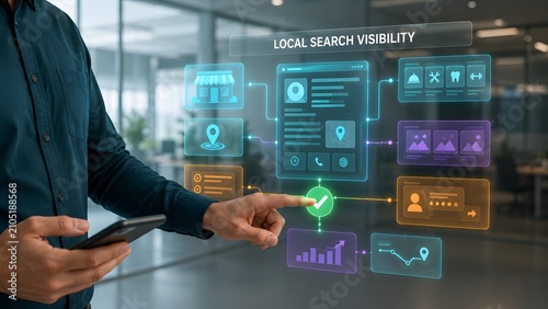 Naklejka Local search visibility concept with digital interface and tablet interaction