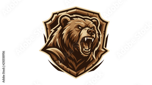 Photography Powerful brown bear head mascot logo enclosed in a shield, ideal for sports team