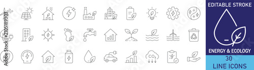 Renewable energy and green ecology environment conservation line icon set. Vector symbols for solar panel power, wind turbine, eco friendly recycling, zero emission, and sustainable nature.