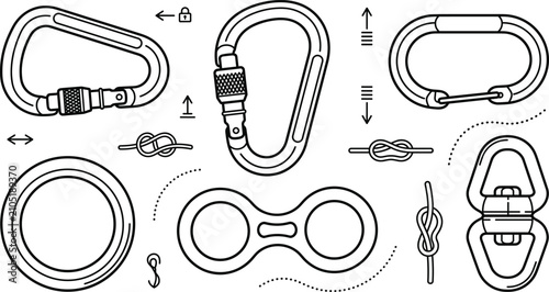 Foto Climbing carabiner and mountaineering gear line art vector set with locking scre