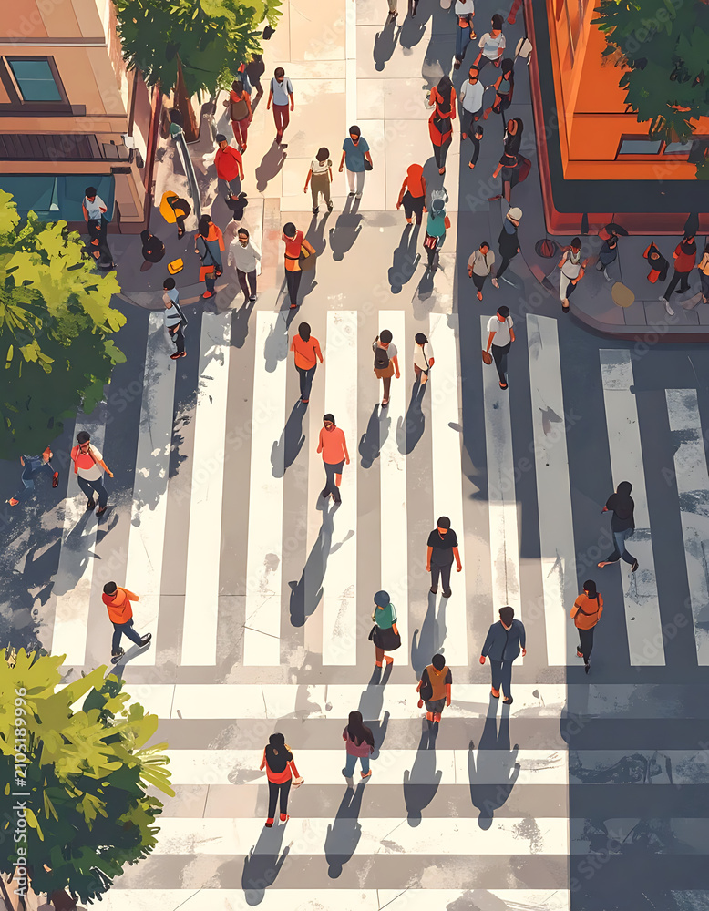 Obraz premium Diverse crowd crossing busy city street intersection, aerial view, urban life and pedestrian traffic, daylight with shadows