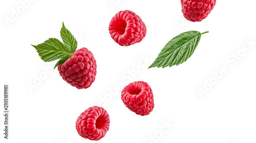 Fresh red raspberries with green leaves scattered