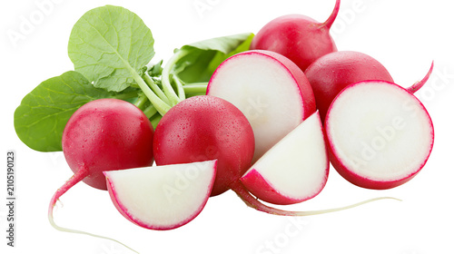 Obraz na płótnie Fresh red radishes with green leaves, whole and sliced
