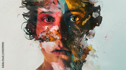 Creative human face portrait with mixed media paint textures background and double exposure effect