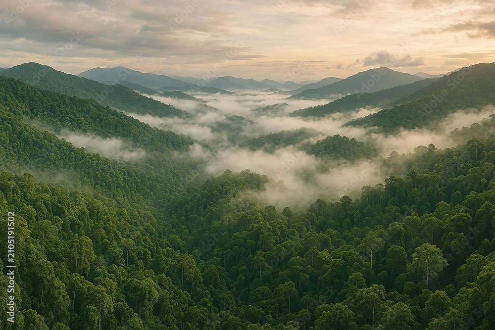 Obraz premium Aerial view landscape rain forest and mist cover mountain valley, drone photography panorama