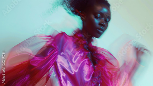 Female fashion model portrait with rainbow prism holographic light effects background creating motion blur and dreamy atmosphere