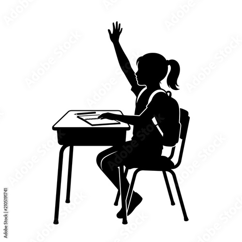 School student silhouette raising hand in classroom, young girl sitting at desk with backpack, elementary education and learning concept vector isolated on White Background
