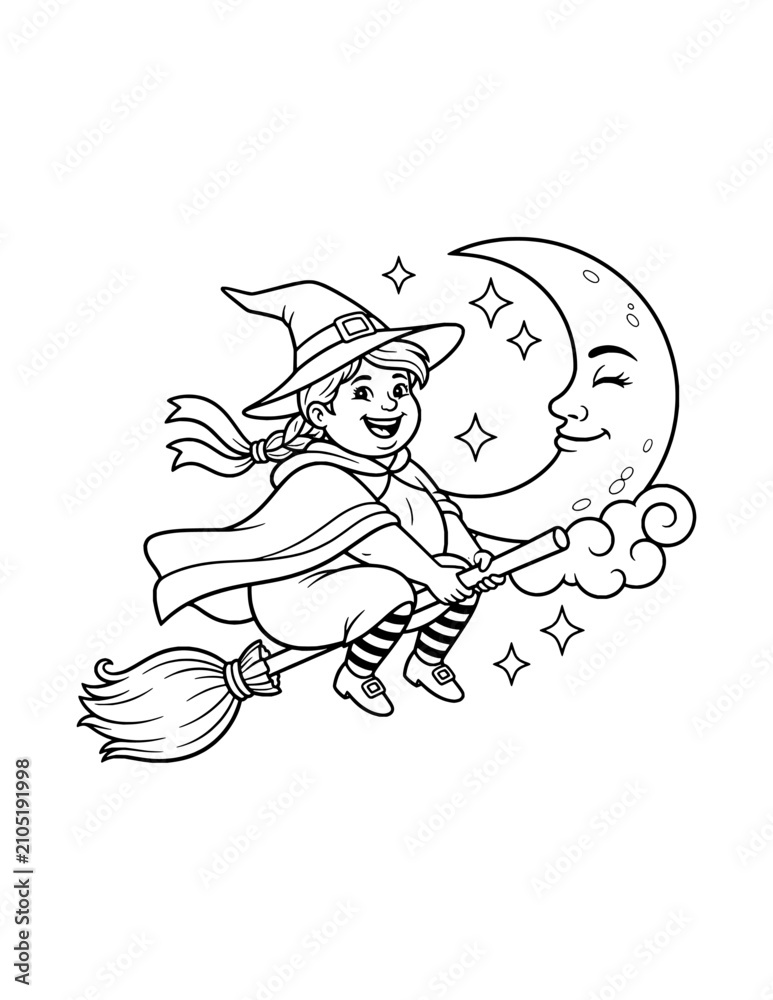 Obraz premium Witch Flying at Night Coloring Page for Kids. Simple Halloween Outline Illustration for Children.