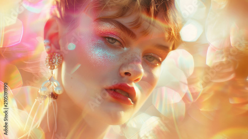 Ethereal trendy fashion beauty female model portrait with freckles and glitter makeup in warm light background
