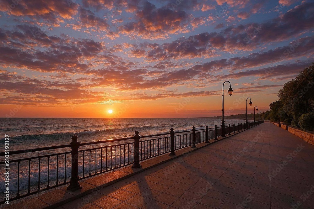 Fototapeta premium Beautiful landscape with amazing sky on seafront embarkment during beautiful sunrise or sunset sea surf and nice cloudy sunset sky