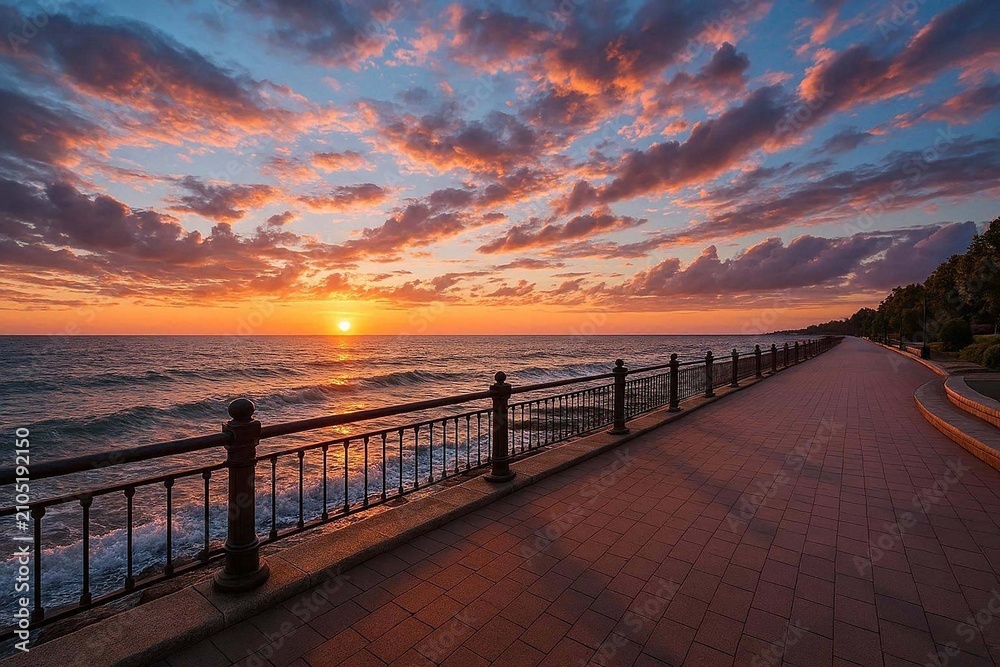 Fototapeta premium Beautiful landscape with amazing sky on seafront embarkment during beautiful sunrise or sunset sea surf and nice cloudy sunset sky