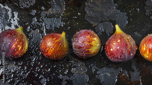 Fresh purple figs with water droplets on textured dark background with free place for text