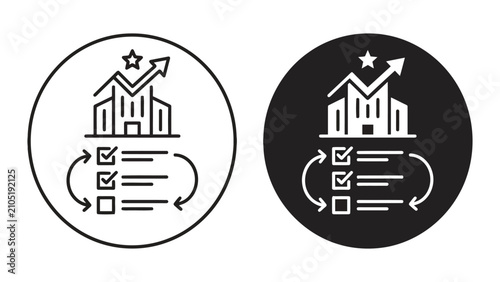 Business performance review and strategic planning checklist icons with strategy