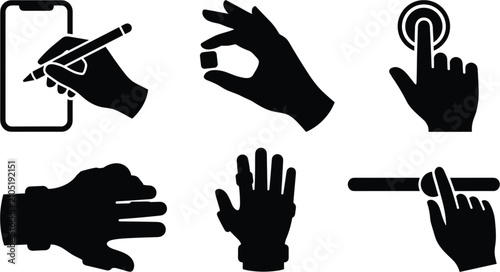 Fotografie Human hand gestures and technology interaction icon set vector illustration featuring touch screen, stylus pen drawing, slider control, smart ring, and sensor glove