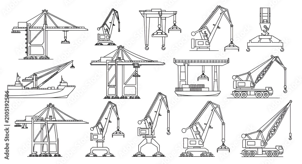 Obraz premium Shipping Port Cranes and Lifting Hoists Thin Line Art Vector Set