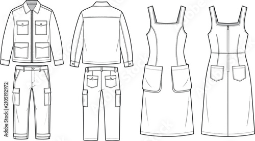 Fotografía Fashion technical flat sketch vector template set of utility jacket cargo pants