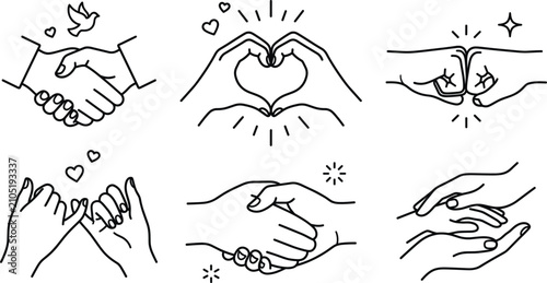 Schilderij op canvas Hand gestures and symbols of partnership set featuring handshake heart shape fis
