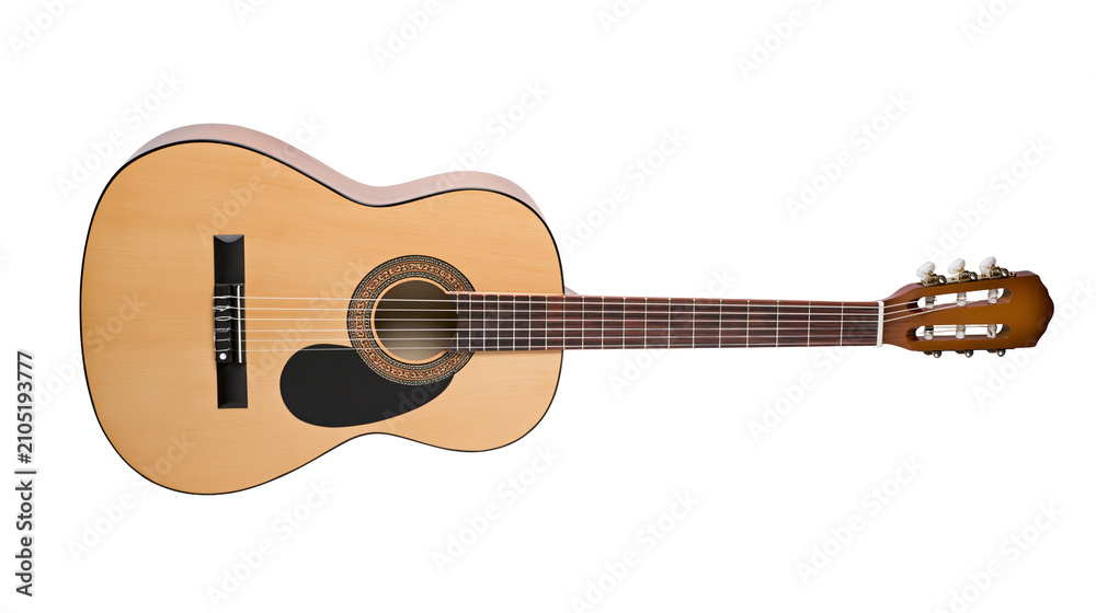 Obraz premium Acoustic guitar with light wood body and black pickguard