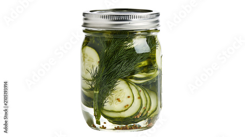 Фотография Glass jar with sliced pickles dill, and spices