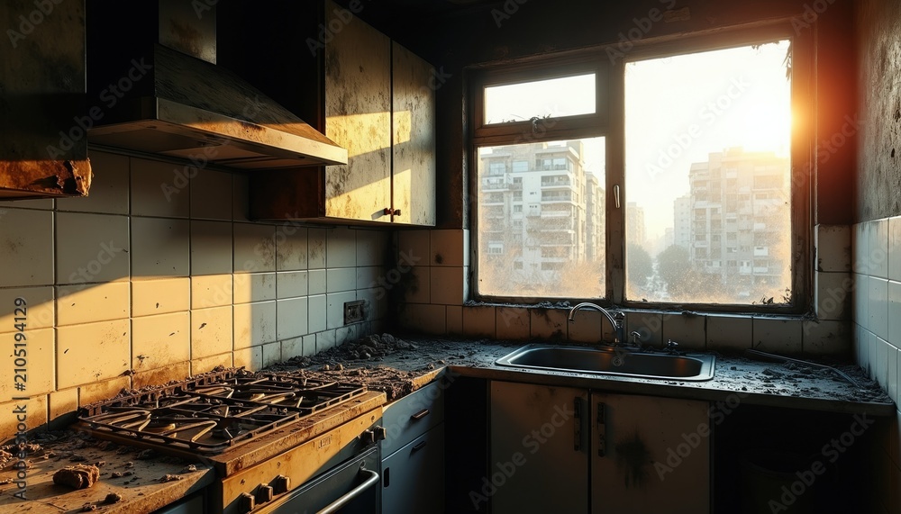 Obraz premium Burnt kitchen interior shows fire damage with charred walls, ruined cabinets. Soot covers gas stove, countertop surfaces sunlight shines through window. Room displays home disaster aftermath