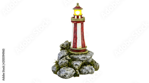 Foto Red and white striped lighthouse on rocky outcrop with moss