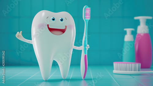 Happy tooth character with toothbrush and toothpaste in bathroom setting for dental hygiene concept background