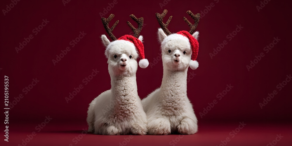 Fototapeta premium Two white alpacas wearing Santa hats and reindeer antlers on red background
