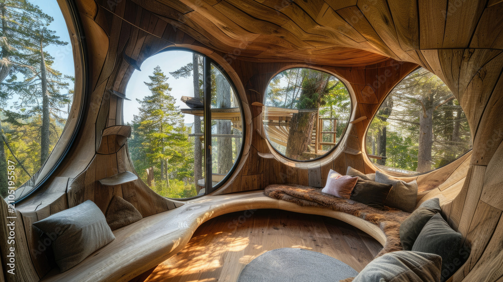 Obraz premium Concept of modern eco cozy wooden interior with curved organic design featuring round windows and forest view background