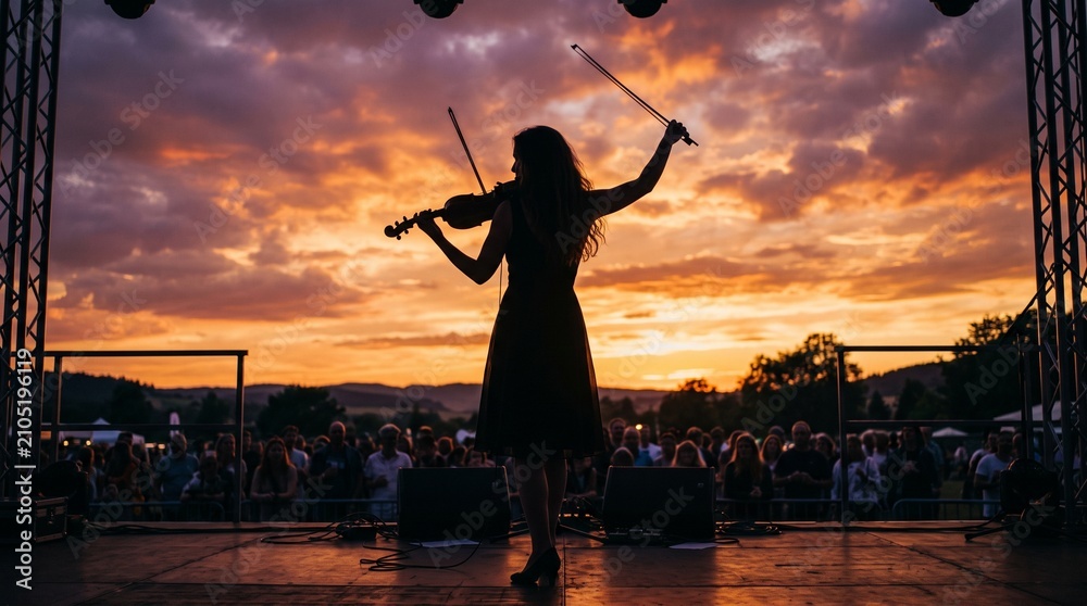 Fototapeta premium Violinist Silhouette Outdoor Stage Sunset Passionate Performance Photography